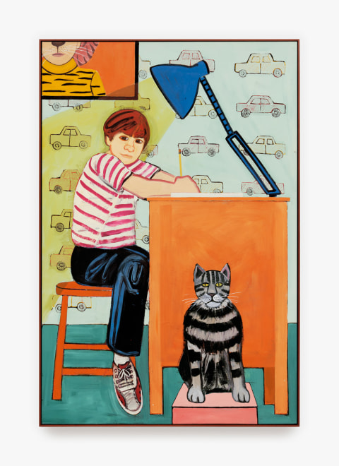 Joan Brown, &quot;Noel at His Desk with Mickey the Cat,&quot; 1972. Enamel on Masonite; Work: 73 x 49 in (185.4 x 124.5 cm) Framed: 74 x 50 in (188 x 127 cm).