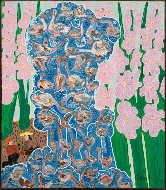 Maija Peeples-Bright,&nbsp;Goose Geyser with Gladioli &rsquo;n Gardeners, 1979,&nbsp;oil on canvas, wood frame, 40 5&frasl;8 &times; 35 3&frasl;4&Prime;.