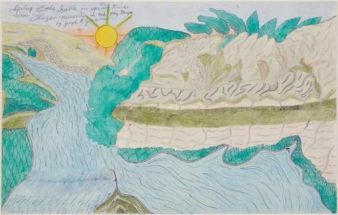 Drawing by Joseph E. Yoakum titled Spring Little Falls in Spring River near Thayer Missouri in Red Clay Range