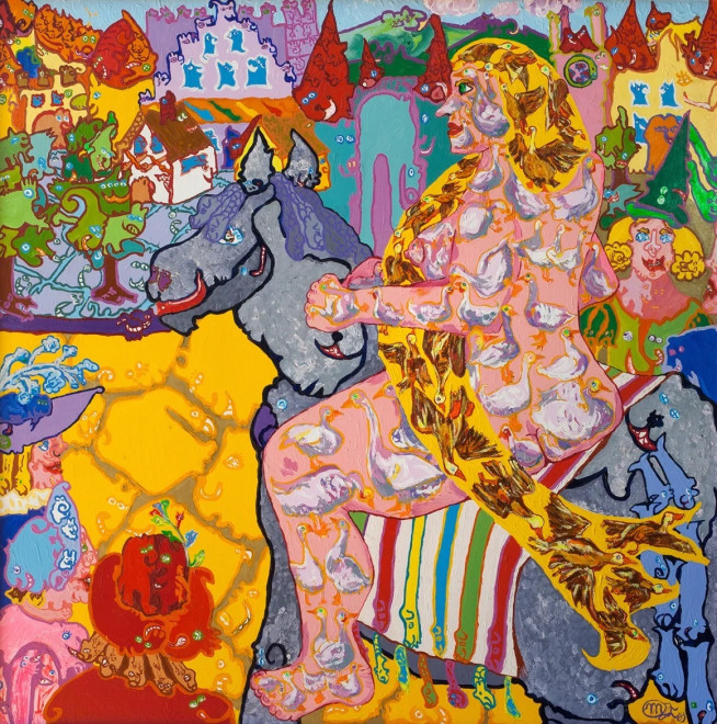 Maija Peeples-Bright,&nbsp;Goose Lady Godiva, 1969,&nbsp;acrylic on Masonite, wood frame, 48 3&frasl;4 &times; 48 3&frasl;4&Prime;.