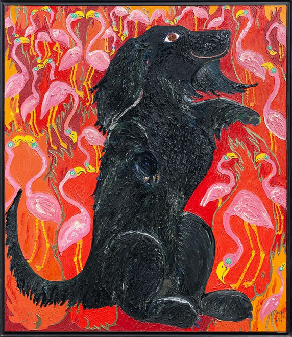 Maija Peeples-Bright,&nbsp;Woof&rsquo;s Eternal Flamingo Flames, 1977,&nbsp;oil on canvas, wood frame, 50 &times; 43 3&frasl;4&Prime;.