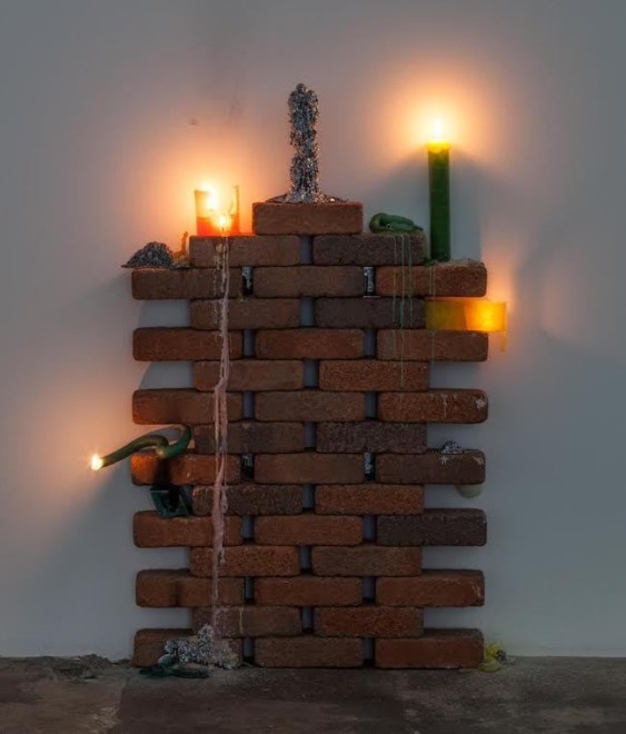 Kelly Akashi,&nbsp;ways of being (figure)&nbsp;(2016). Brick, lead, wax and wick, 26 x 6 x 42 inches. Image courtesy of VENUS LA. Photo: Lazaros.