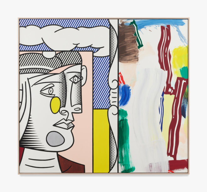 Roy Lichtenstein, &quot;Paintings: Picasso Head,&quot; 1984. Acrylic, oil, graphite pencil on canvas; Work: 64 &times; 70 &sup3;&frasl;₁₆ in (162.5 &times; 178.3 cm) Framed: 65 &frac14; &times; 71 &frac12; in (165.7 &times; 181.6 cm).