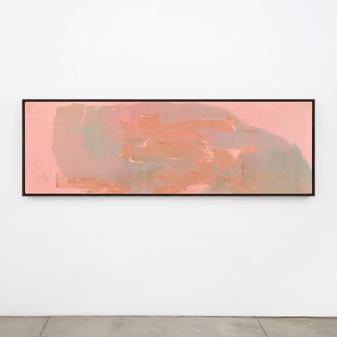 Helen Frankenthaler, &ldquo;Flume,&rdquo; 1977. Acrylic on canvas; Work: 34 1/2 x 108 in (87.6 x 274.3 cm) Framed: 36 1/2 x 110 in (92.7 x 279.4 cm).