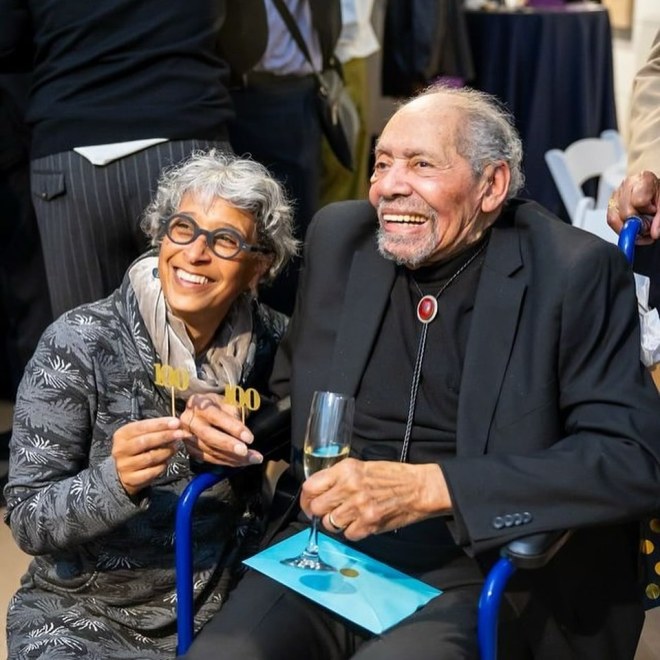 Richard Mayhew with Pringl Miller celebrating his 100th Birthday