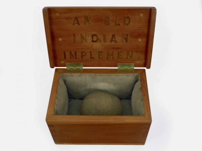 H.C. Westermann, An Old Indian Implement, 1971. Douglas fir, connecticut fieldstone, pigskin, walnut, 10 x 18 x 10 3/4 inches.