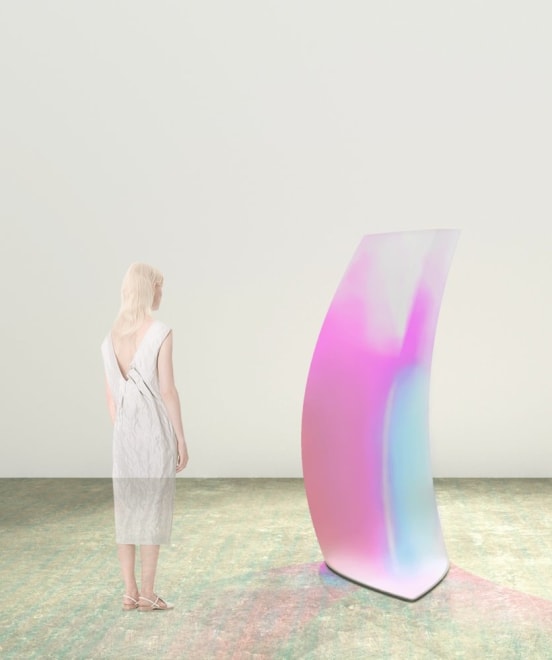 Mariko Mori, Takami Stone, 2022 frosted dichroic coated acrylic, Corian base 72 13/16 x 35 1/16 x 26 5/8 inches (185 x 89.1 x 67.6 cm) edition of 2 with 1 AP (#1/2) (MMo-84.1)