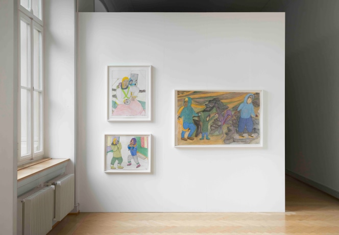 Installation of 3 framed drawings on paper on a white wall next to a window at the Kunstmuseum St. Gallen