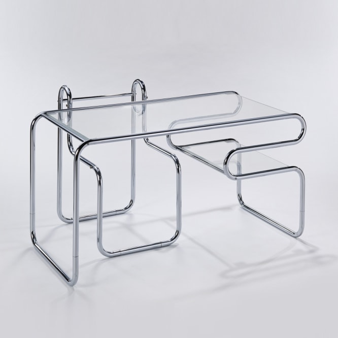 Chrome tubular glass topped desk with matching chair by Michel Hamon