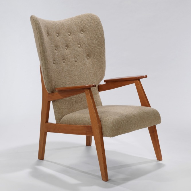 Cream upholstered chair with wood arms by René-Jean Caillette