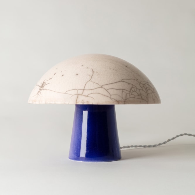 Lamp with white raku glazed shade and blue raku glazed base