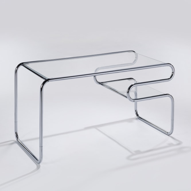 Chrome tubular glass topped desk by Michel Hamon