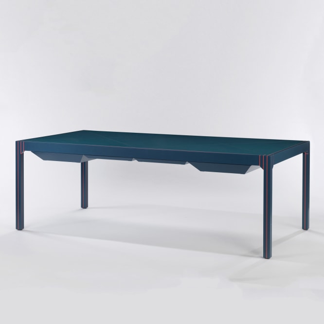 Blue lacquered desk with orange detailing by Pierre Paulin
