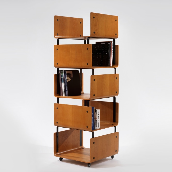 Wooden bookcase with black painted steel frame on wheels