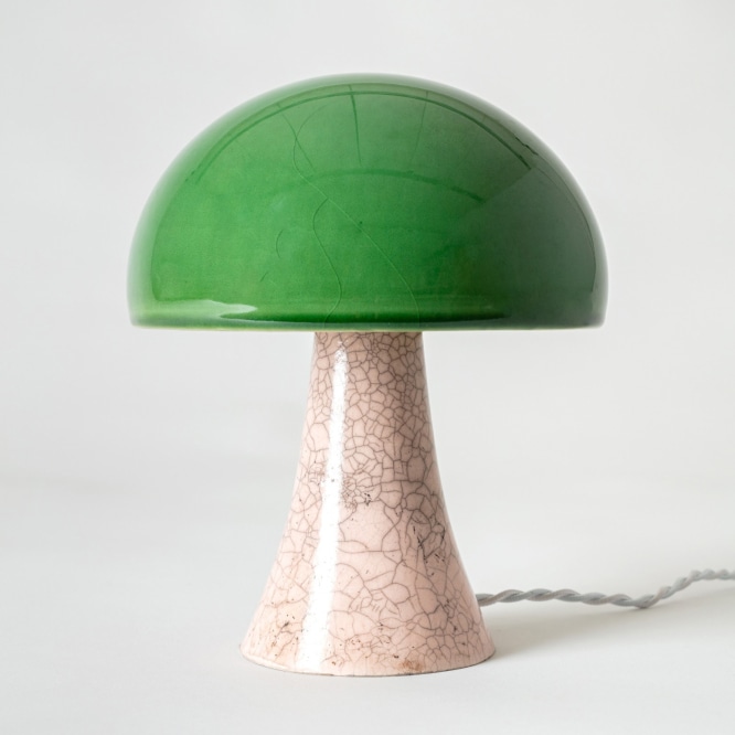 Lamp with green raku glazed shade and light pink raku glazed base