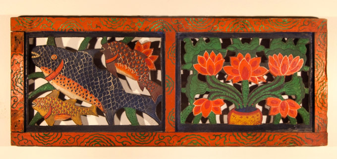 Temple Screen Door with Fish and Lotus,