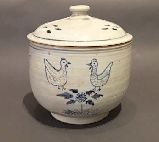 Large Blue and White Porcelain Bowl with Underglaze Rooster Design and Chrysanthemum