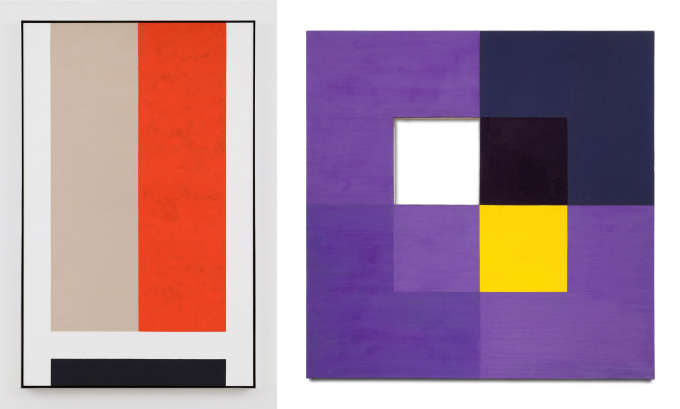 two geometric abstract paintings side by side