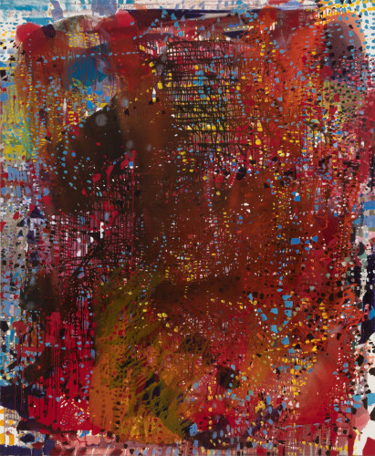 a red gestural abstract painting 