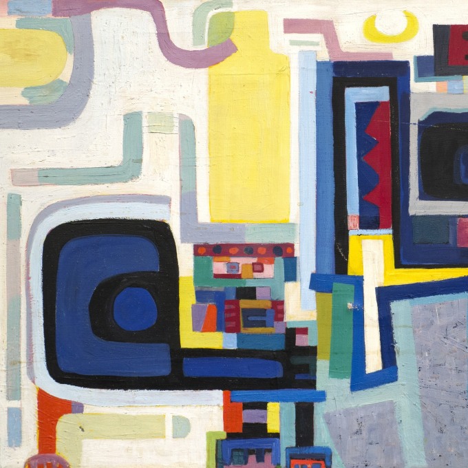 Detail of "Turkish Moonbeam" by Peter Busa, 1950s. Painting of colorful geometric shapes and designs that wrap around each other. 