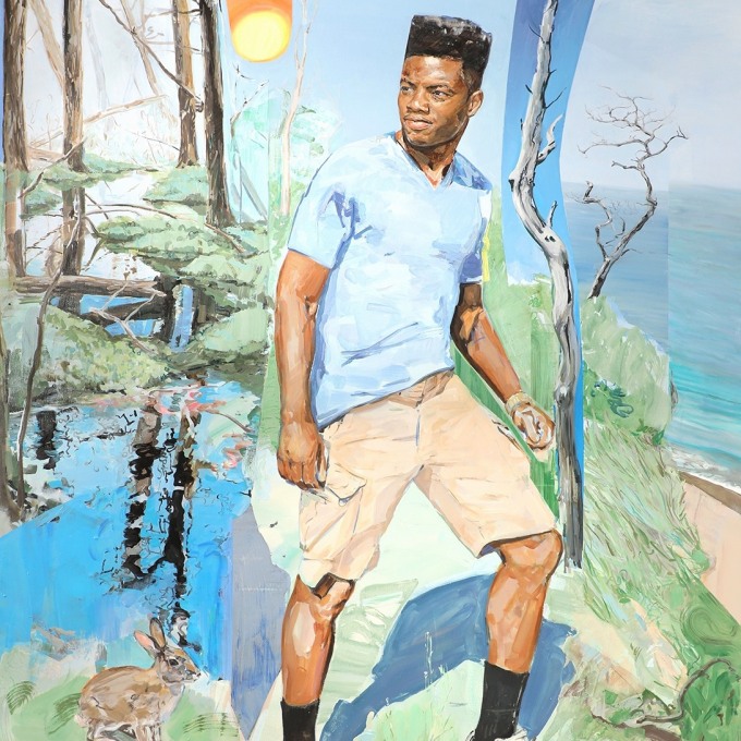 a painting by James Everett Stanley of dark-skinned man with a flattop walking across a fractured landscape of marsh, woods and beach
