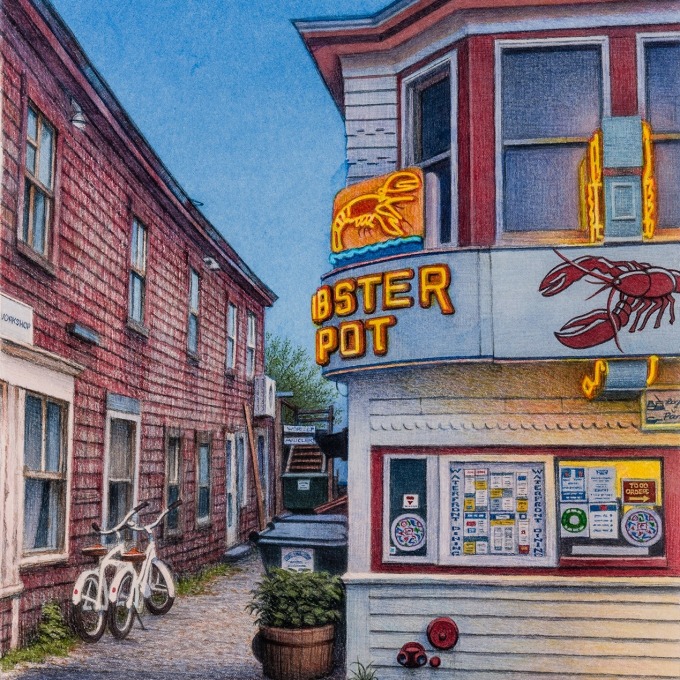 Frederick Brosen (b. 1954), "Lobster Pot, Provincetown," 2021. Watercolor over graphite on paper, 14 1/4 x 11 1/8 in. (detail).