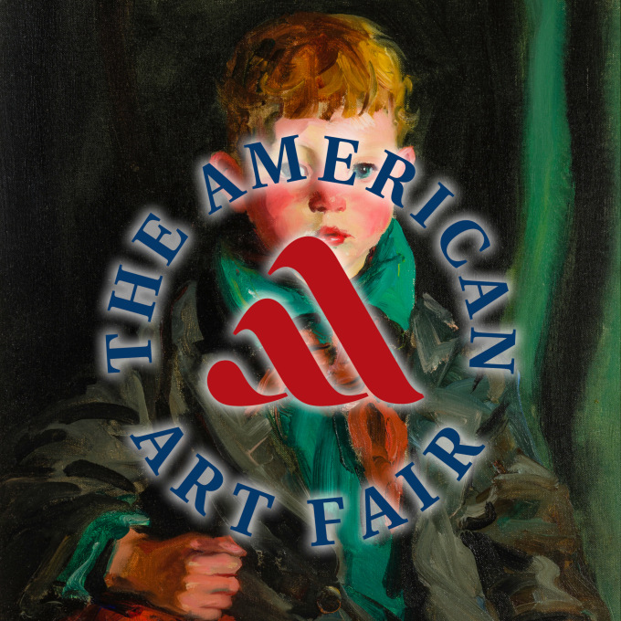 ROBERT HENRI (1865–1929), "Portrait of Michael MacNamara (Boy in Green Shirt)," 1925. Oil on canvas, 24 x 20 in. (detail). With circular logo of The American Art Fair superimposed.