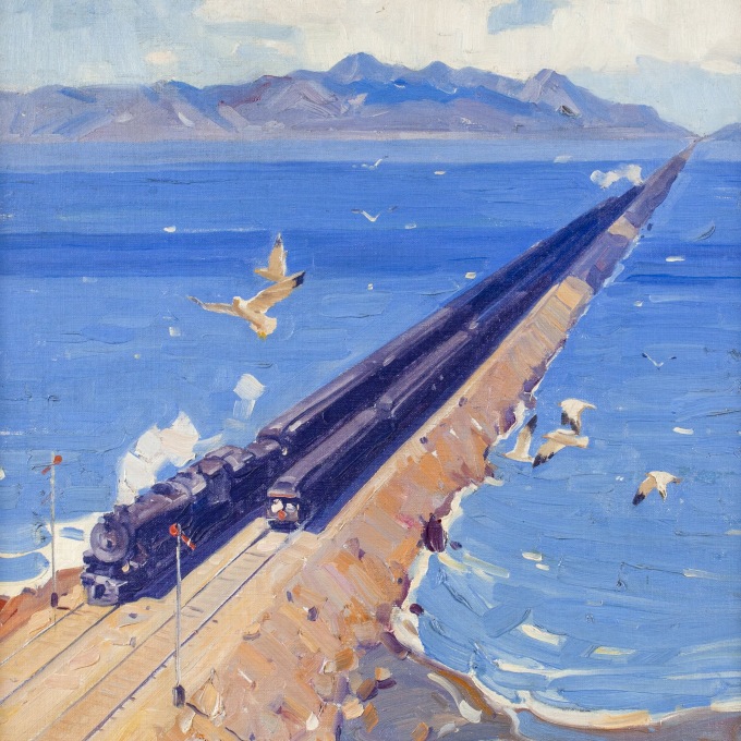 Maurice Logan (1886–1977), "By Rail across Great Salt Lake, Overland Route." Oil on panel, 22 1/2 x 17 1/2 in. (detail).