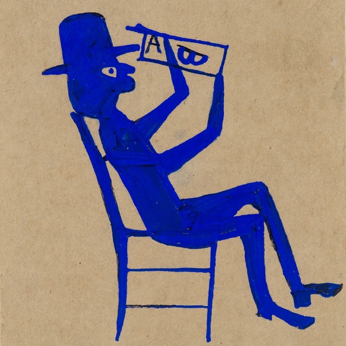 Bill Traylor (1854–1949), "Blue Man Reading," c. 1940. Pencil and poster paint on cardboard, 11 1/2 x 7 7/8 in. (detail).