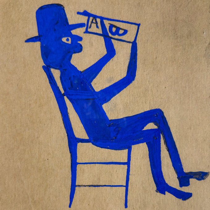 Bill Traylor (1854–1949), "Blue Man Reading," c. 1940. Pencil and poster paint on cardboard, 11 1/2 x 7 7/8 in. (detail).