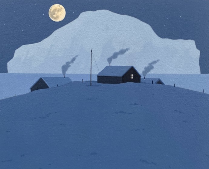Three houses in an Icelandic snow covered landscape with the moon above.