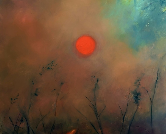 An oil painting of a small sun at the top center shining through smoke from green foliage that is burning with orange and yellow flames.