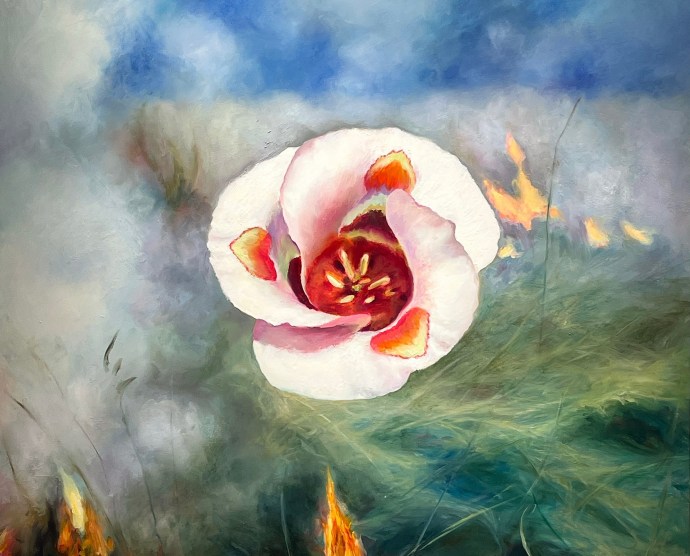 An oil painting of a small sun at the top center shining through smoke from green foliage that is burning with orange and yellow flames.