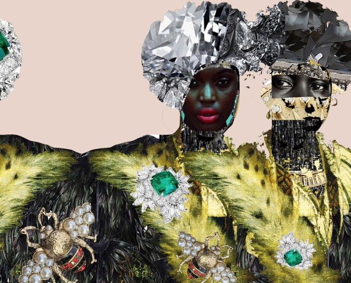 Collage and mixed media artwork of a seated Black woman looking over her proper left shoulder, with long dark hair, draped in fabric composed of jewels and appropriated red images with lips.