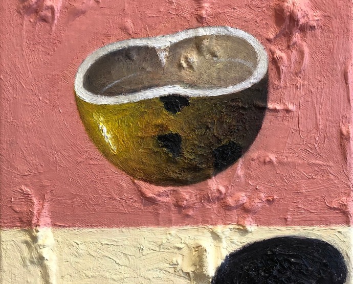 Textured painting with pink and cream background and a calabash floating in the center with a shadow to the bottom right. Signed Talle B.