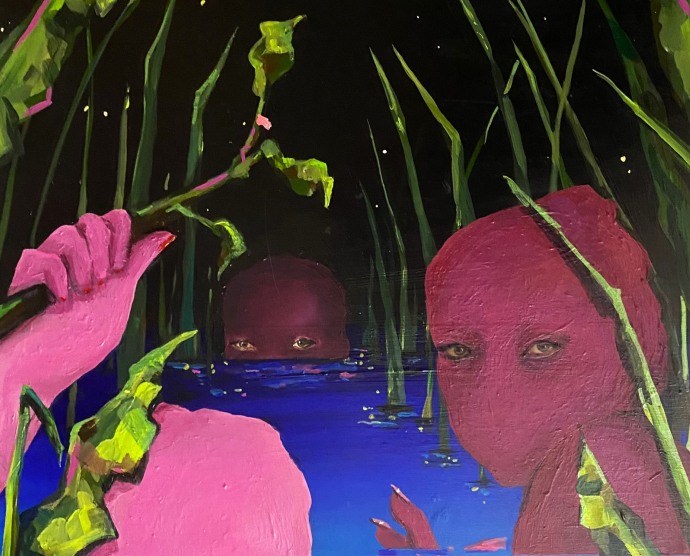 Painting of four pink heads sticking out of water with eyes looking straight ahead, a gray torso on the right with blue flowers, and a red sky with green leaves.