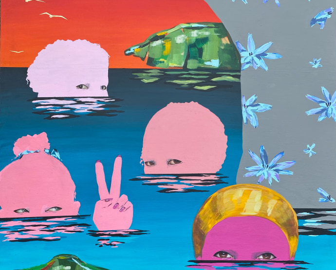 Painting of four pink heads sticking out of water with eyes looking straight ahead, a gray torso on the right with blue flowers, and a red sky with green leaves.