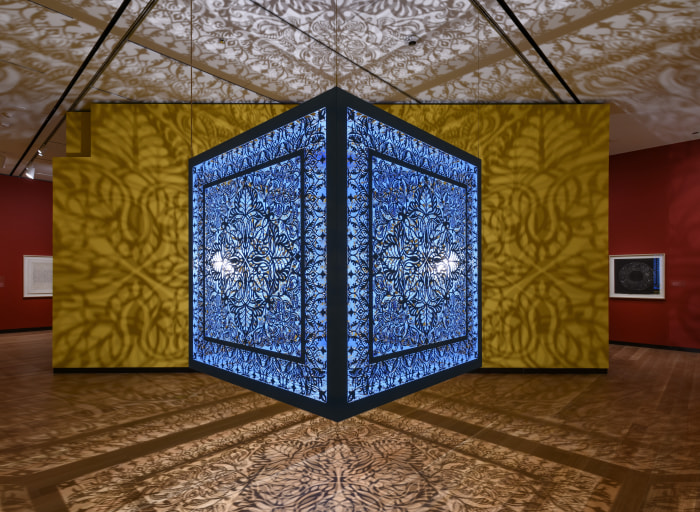 A Beautiful Despair (Blue), 2021, Anila Quayyum Agha, Pakistani-American, b. 1965, lacquered steel and halogen bulb, 60 x 60 x 60 inches