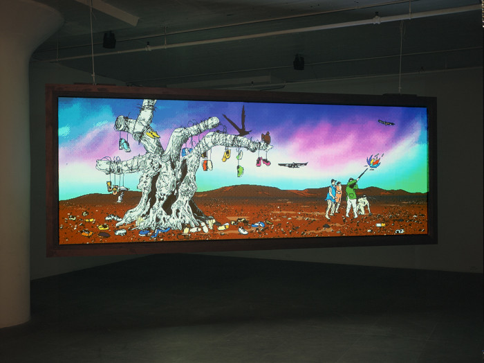 My birds... trash... the future., 2004, two channel digital projection installation, Installation view, Greene Naftali, New York, 2004