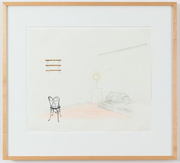 Julie Becker Mysterious Round Object and Incomplete Chair, 1996-1997 Mixed media on paper Paper: 14 x 17 inches (35.6 x 43.2 cm) Frame: 21 1/2 x 23 5/8 x 2 inches (54.6 x 60 cm x 5.1 cm)
