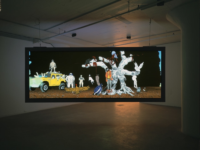 My birds... trash... the future., 2004, two channel digital projection installation, Installation view, Greene Naftali, New York, 2004