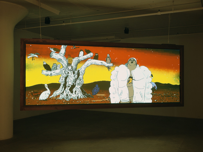 My birds... trash... the future., 2004, two channel digital projection installation, Installation view, Greene Naftali, New York, 2004