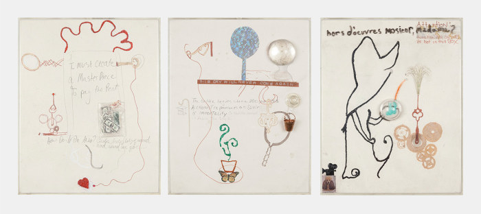 Julie Becker watering, 2015 Mixed media Left: 10 3/4 x 8 3/8 x 1 1/2 inches (27.3 x 21.3 x 3.8 cm) Center: 10 5/8 x 8 3/8 x 1 1/2 inches (27 x 21.3 x 3.8 cm) Right: 10 3/8 x 8 3/8 x 1 1/2 inches (26.4 x 21.3 x 3.8 cm)