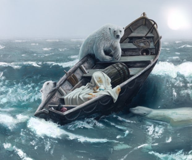 three Polar Bears climb onto a wooden lifeboat at sea