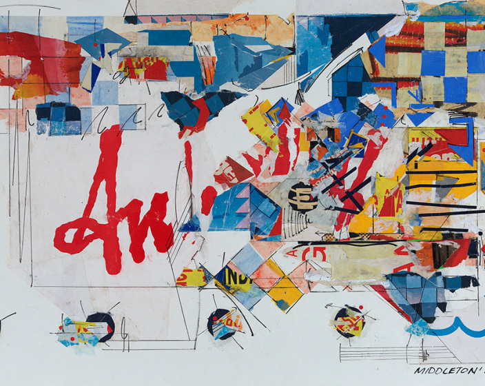 Sam Middleton, Untitles, 1989 Mixed media collage, 30-1/2 x 41 inches, Signed and dated center right. Abstract work with primary colors, geometric spheres, triangles and lines and cut out photographs. Sam Middleton was one of the leading 20th-century American artists, and is a mixed-media collage artist