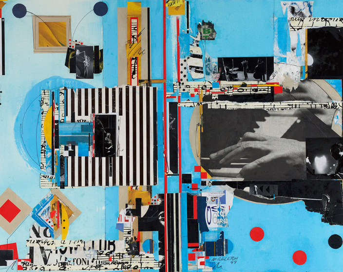 Sam Middleton, Untitles, 1989 Mixed media collage, 30-1/2 x 41 inches, Signed and dated center right. Abstract work with primary colors, geometric spheres, triangles and lines and cut out photographs. Sam Middleton was one of the leading 20th-century American artists, and is a mixed-media collage artist