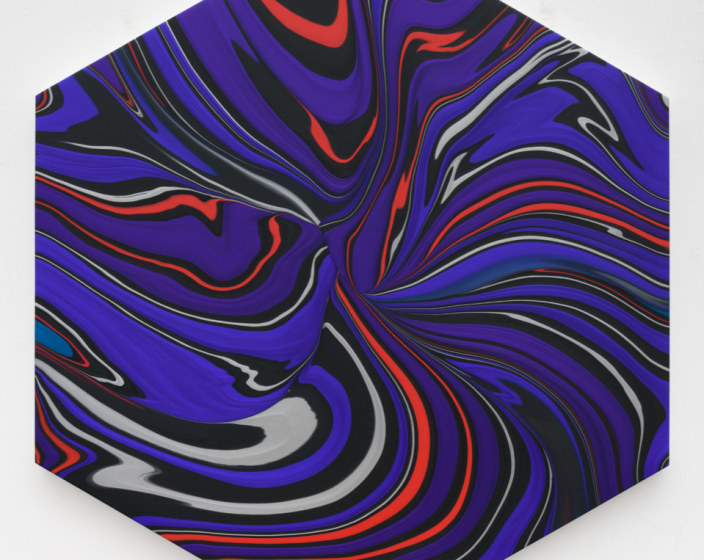 Andy Moses, Geodesy 1208, 2018, Acrylic on canvas, 60 inches in diameter, Abstract and representational painting with red and blue waved lines, Andy Moses is interested in pushing the physical properties of paint through chemical reactions, viscosity interference, and gravity dispersion to create elaborate compositions that mimic nature and its forces.