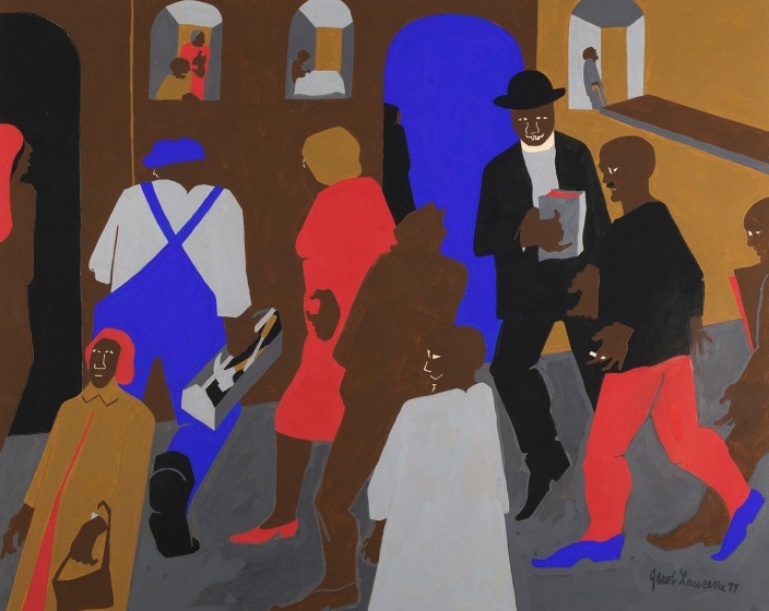 Jacob Lawrence, Windows, 1977,  Gouache on paper,  19 1/4 x 23 inches,  Signed and dated lower right. Flat color figures in brown, red, blue and burnt orange. Jacob Lawrence was one of the most important artists of the 20th century, widely renowned for his modernist depictions of everyday life as well as epic narratives of African American history and historical figures.
