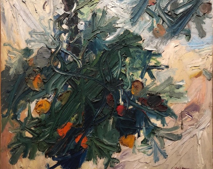 Manoucher Yektai, Tomato Plant, 1959, Oil on canvas, 42” x 48”,   signed and dated lower right SOLD. Abstract piece with vibrant paint strokes in hunter green, navy blue and cream. Manoucher Yektai is an Iranian Artist who studied in Iran, France and New York. He is part of the New York Abstract Expressionists and paints instinctively, which is why he has also claimed to be an Action Painter.