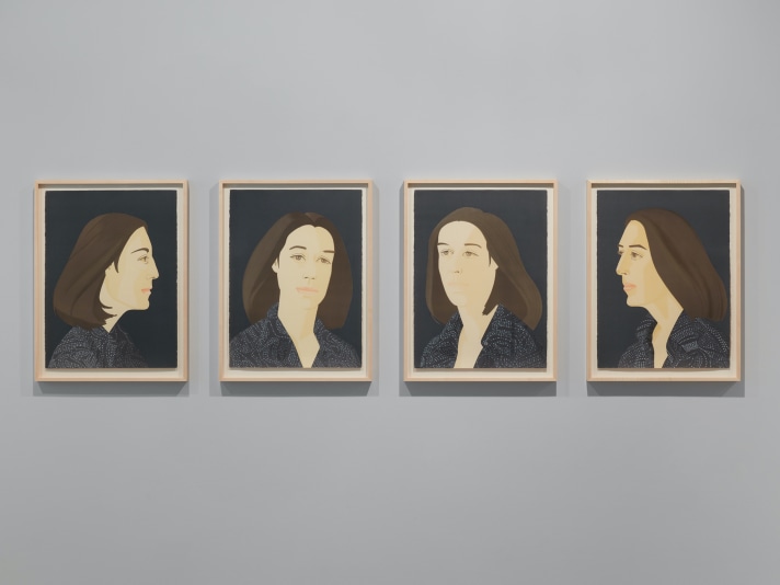 Color aquatint by Alex Katz featuring the portrait of a woman with black hair wearing read against a pink background